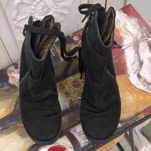 Fly London Black Suede Lace-Up Ankle Booties with Low Heel